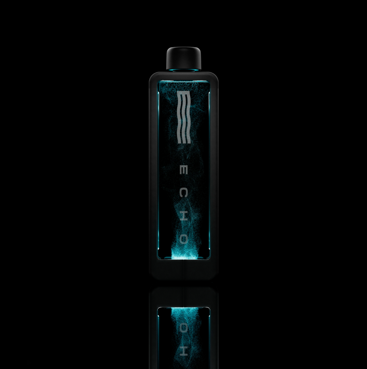 Hydrogen water bottle with glowing blue water and vertical Echo text on black background
