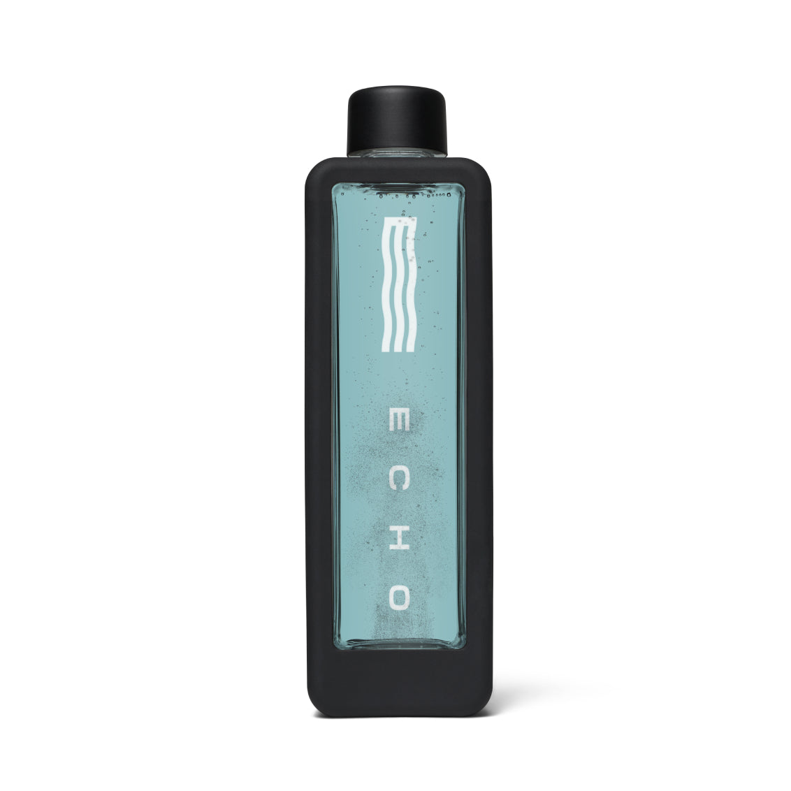 Hydrogen water bottle with clear blue liquid, black cap, and vertical ECHO logo on the front.