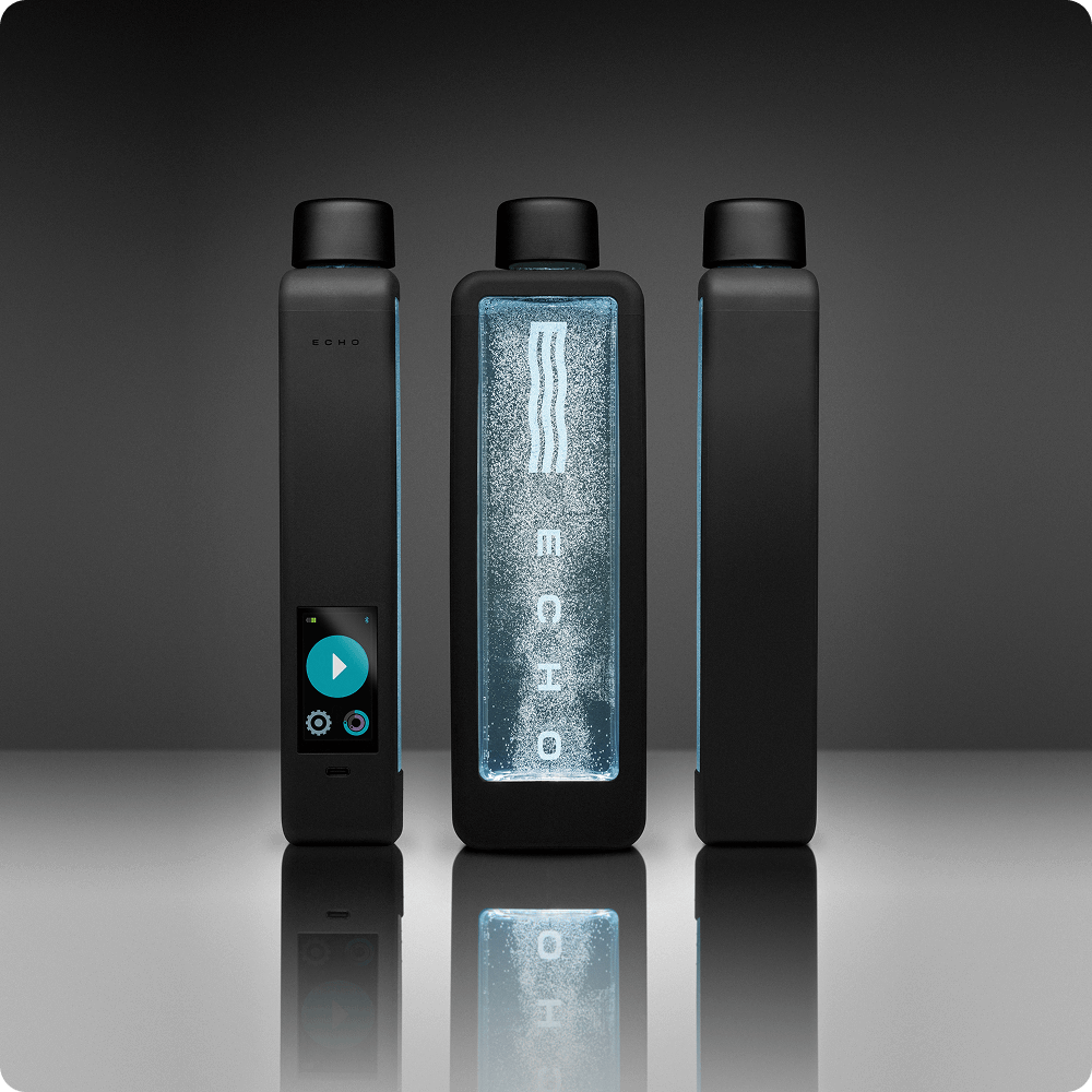 sleek black hydrogen water bottle with digital display and bubbling water, modern design
