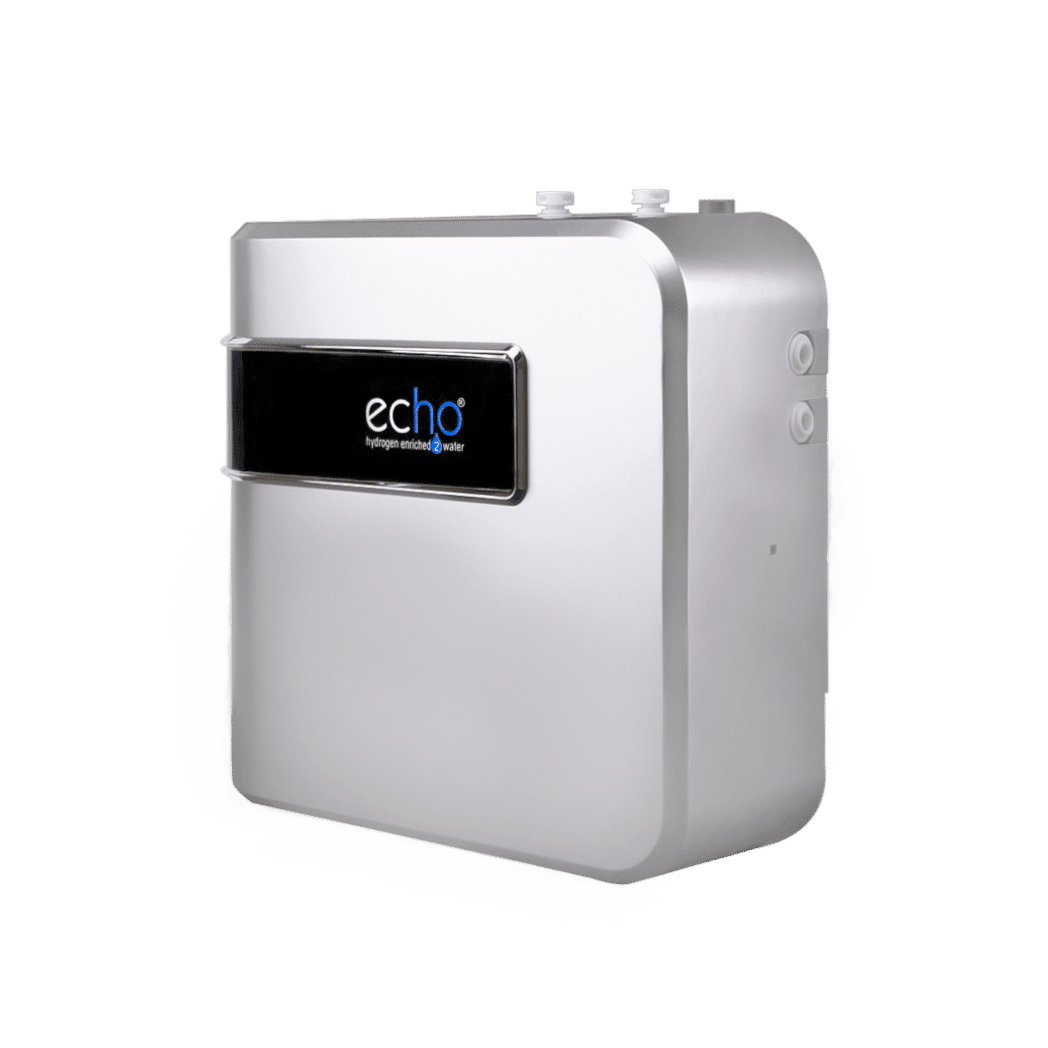 Hydrogen water generator system with silver finish and Echo logo, countertop appliance