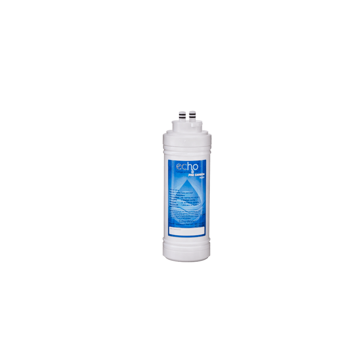 Echo replacement carbon block water filter cartridge with blue label on white background