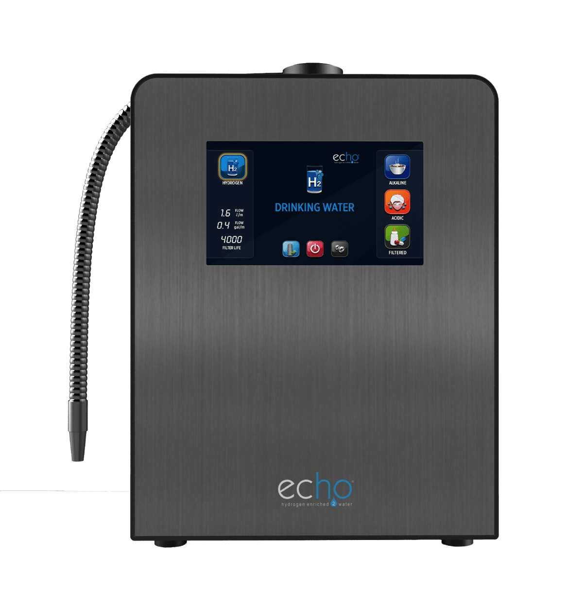 Hydrogen water machine with touchscreen and metal finish, flexible spout attached