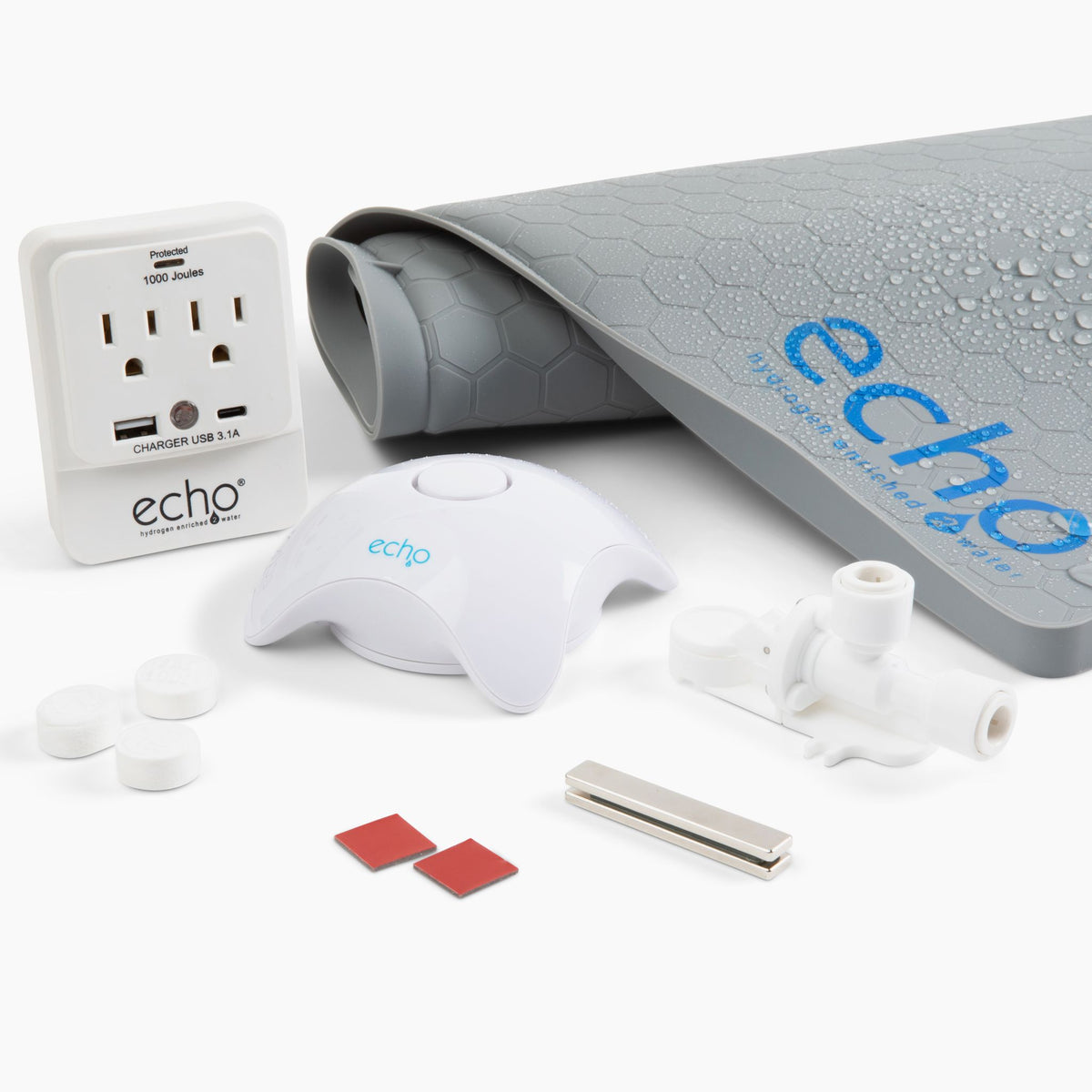 Hydrogen water generator system parts including filter, mat, USB charger, and accessories