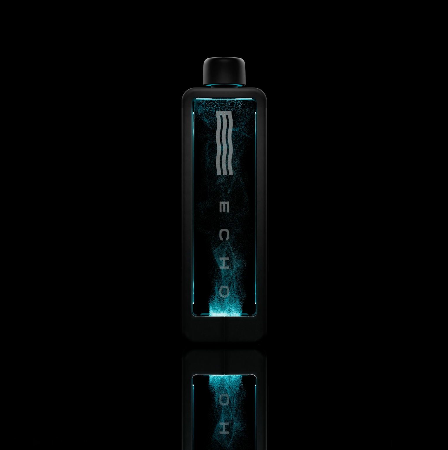 Hydrogen water bottle with glowing blue water and vertical Echo text on black background