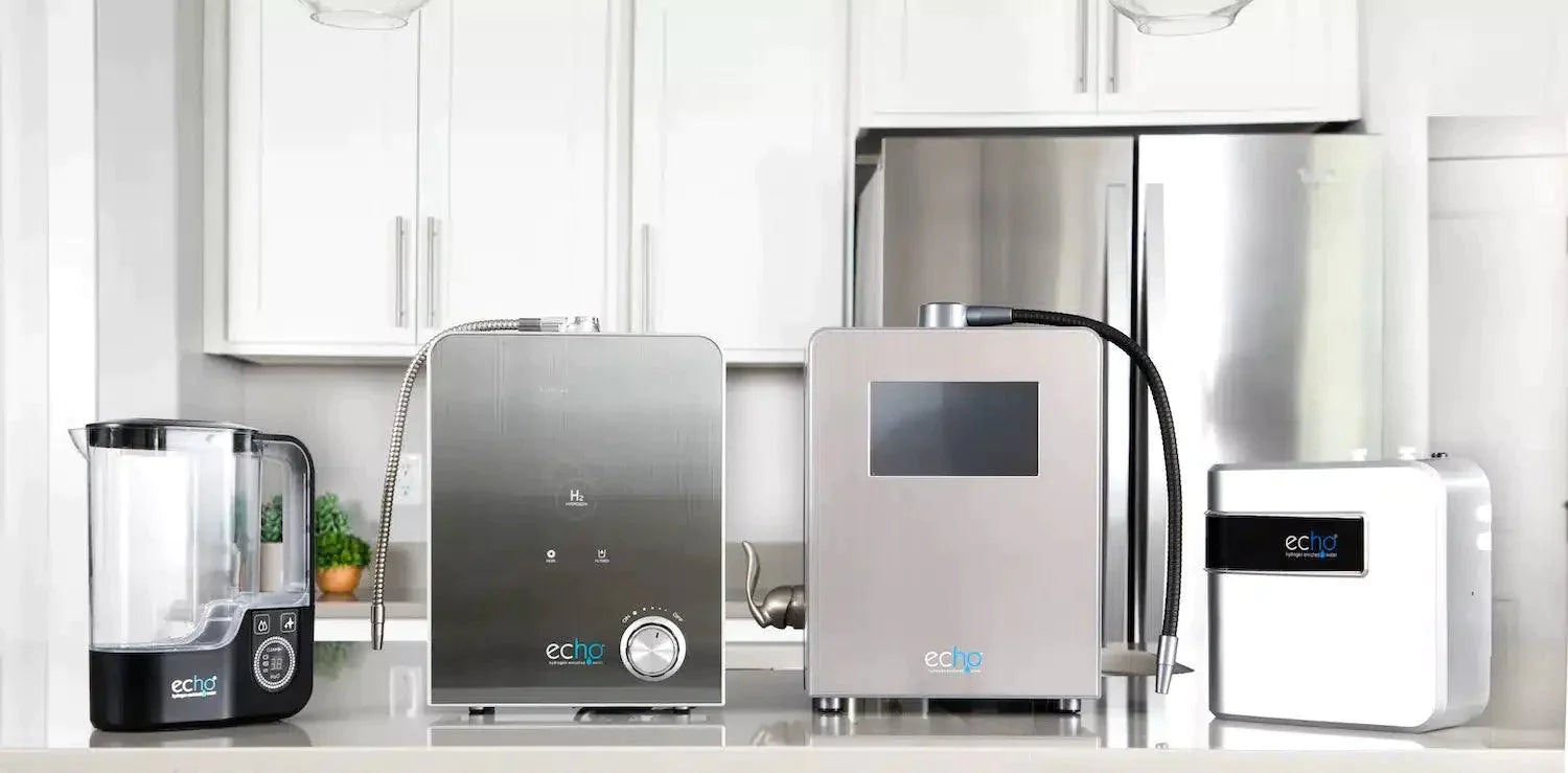 Echo water systems by Synergy Science on display in a kitchen