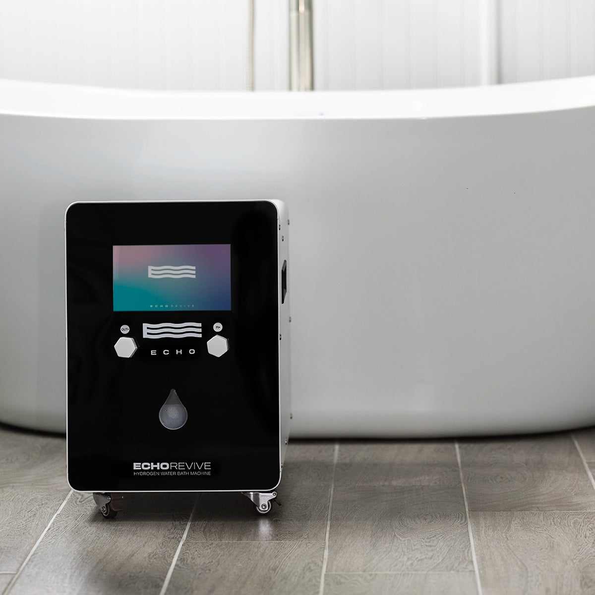 Echo Revive beside a white bathtub