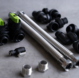 Hydrogen water machine installation kit with flexible metal hoses, valves, and pipe fittings.