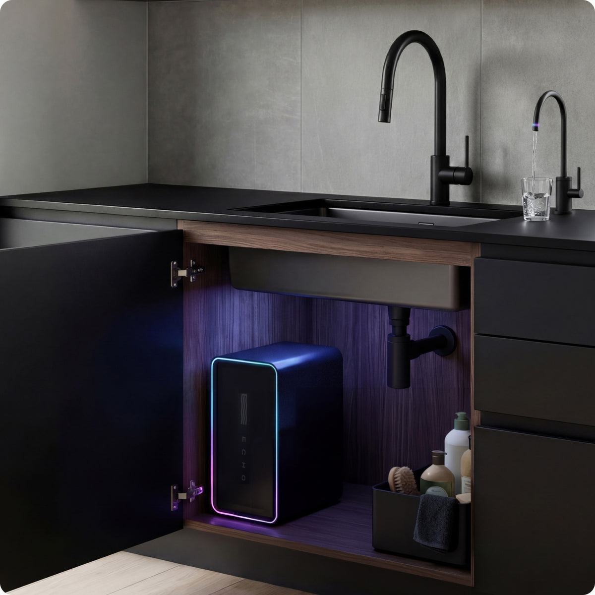 Under-sink hydrogen water generator with LED lights installed in a modern kitchen