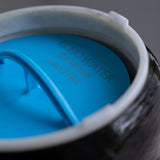 Close-up of blue 0.5 micron water filter cartridge labeled for lead and PFAS removal