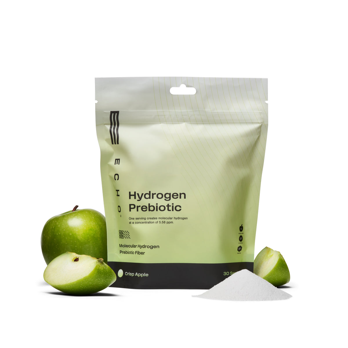 Hydrogen prebiotic powder pouch, crisp apple flavor, with green apple and powder on white background