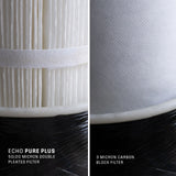 Close-up of pleated double filter and carbon block filter for hydrogen water purification