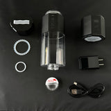 Exploded view of a hydrogen water bottle with parts, charger, USB cable, and seals on black background.
