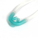 Close-up of a hydrogen inhalation cannula with blue and white tubing on white background