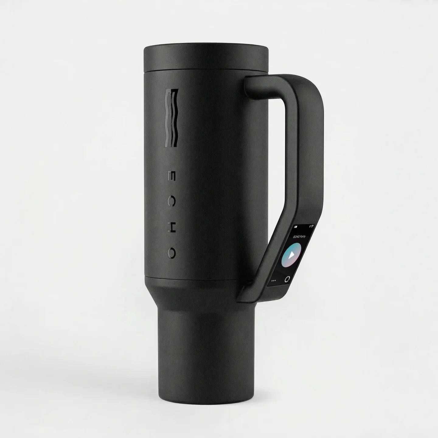 Black hydrogen water generator bottle with handle and digital display on a white background