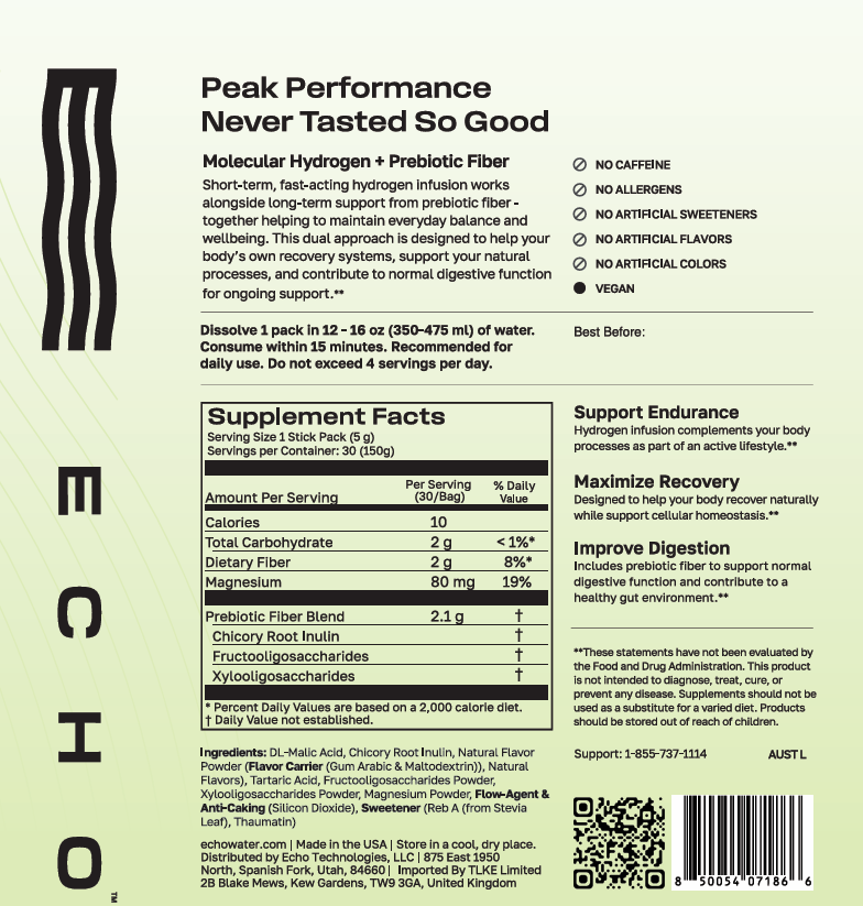 Supplement facts and benefits label for molecular hydrogen and prebiotic fiber drink mix