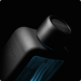 Sleek black hydrogen water bottle with blue liquid and minimalist design on dark background