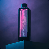 Hydrogen water bottle with glowing pink and blue light on a pedestal, modern design
