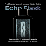 Advanced hydrogen water bottle Echo Flask emits molecular hydrogen, highlighting 8ppms and wellness benefits on black background.