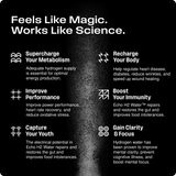 Infographic on hydrogen water benefits, including metabolism, performance, immunity, focus, and youth preservation, on dark background.