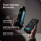 Person holding a smart hydrogen water bottle with touch screen and health tracking app integration
