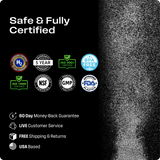 Hydrogen water certifications and benefits including BPA free, FDA approved, money-back guarantee.