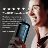 Smiling woman holding hydrogen water bottle with five-star review and testimonial text.
