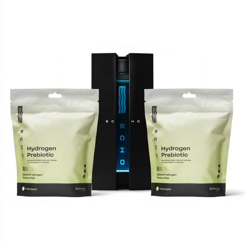 Hydrogen prebiotic supplement packs and sleek water bottle bundle, hydration and wellness set.