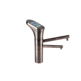 Modern brushed metal kitchen faucet with digital touch screen and dual spouts