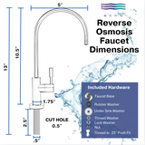 Reverse osmosis faucet with dimensions and included hardware for water filtration system.