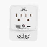 White power adapter with three outlets, USB ports, and surge protector for hydrogen water device