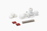 Hydrogen water generator parts kit with white fittings, tablets, metal strip, and adhesive pads